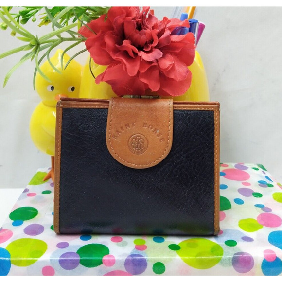 Saint Borse Black Leather Kisslock Framed Credit Card ID Window Bifold Wallet - Picture 2 of 15